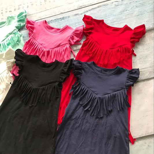 baby girls spring summer solid Tassels cotton dress boutique all-match clothing kids wear fringe multi color mint hot sale - Shello's Creative Boutique