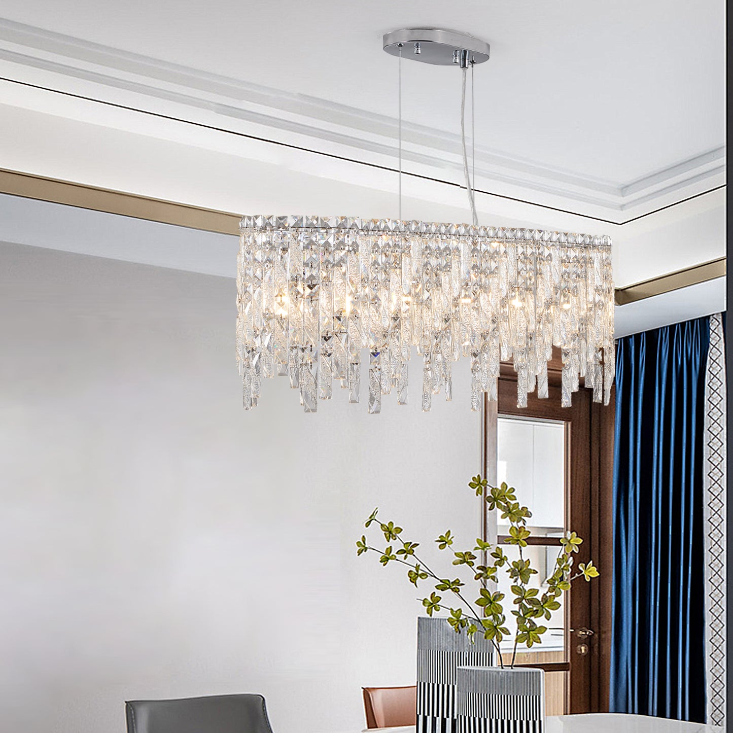 Silver elegant oval crystal pendant light, modern ceiling fixture with reflective suspended crystal (bulb not included) eprolo