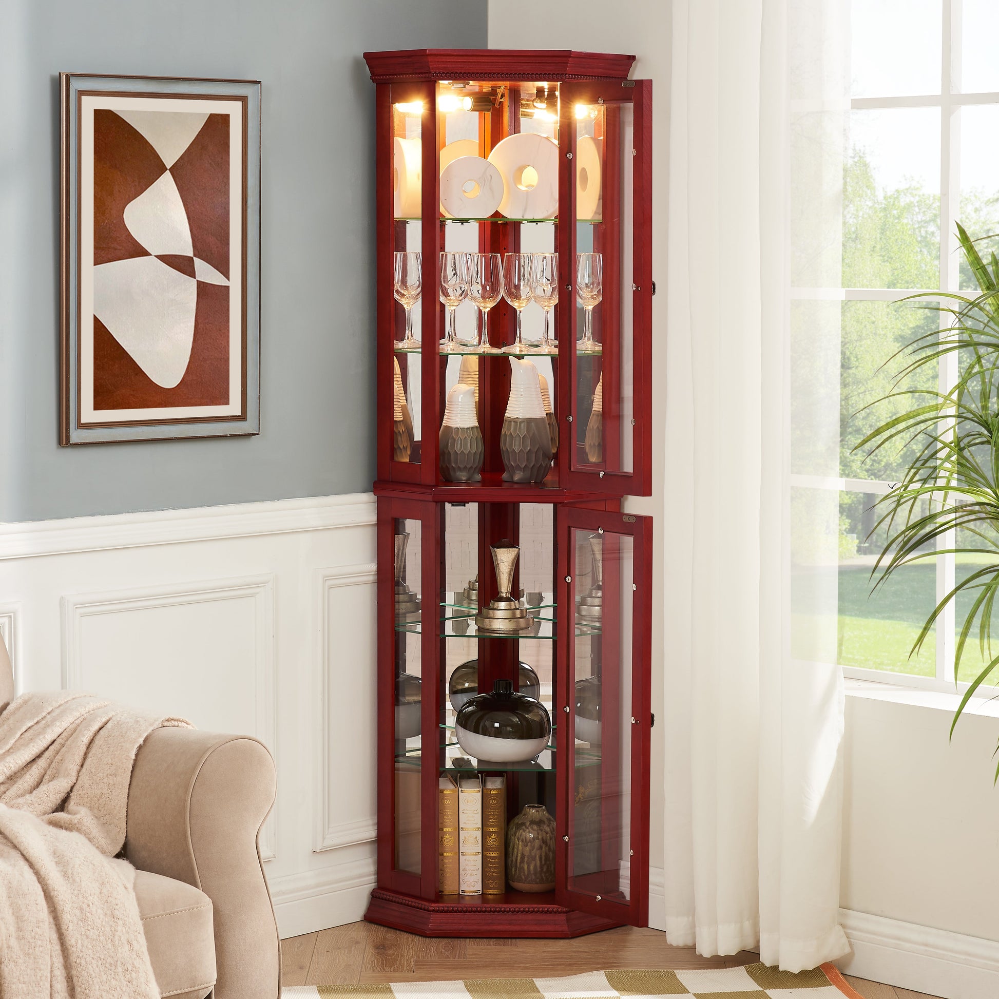Corner Curio cabinet with illuminated glass display stand and tempered glass door, with adjustable bracket and light bulb eprolo