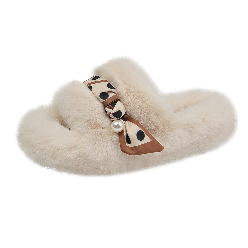 Net Red Plush Slippers Women Wear Autumn And Winter Korean Style Fashion One Word With Flat Bottom Large Size Slippers eprolo