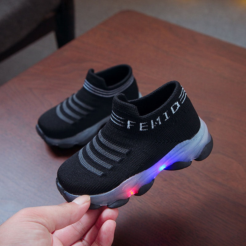 Kids Sneakers Children Baby Girls Boys Letter Mesh Led Luminous Socks Sport Run Sneakers Shoes Sapato Infantil Light Up Shoes eprolo