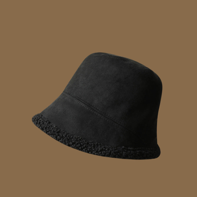 Double-Sided Wear Deerskin Velvet Bucket Hat Girls Autumn And Winter Thickened Lamb's Wool To Prevent Cold Warm eprolo