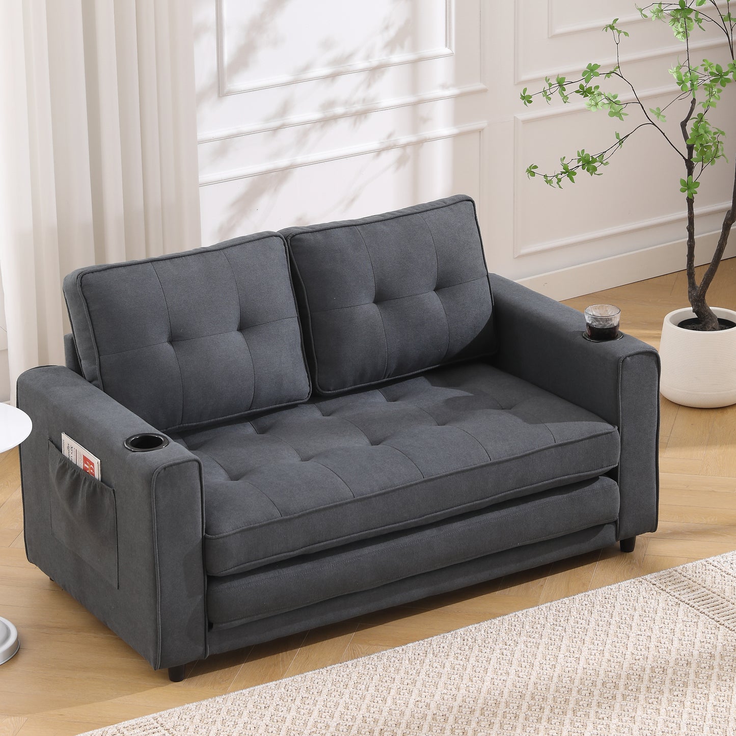 Three in one soft cushion cushion cushion sofa, folding mattress sofa bed, with side pockets and cup holder, dark gray eprolo