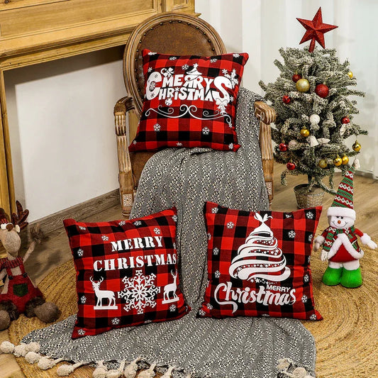 Christmas Red Linen Checkered Pillow Cover - Festive Cushion Cover - Shello's Creative Boutique