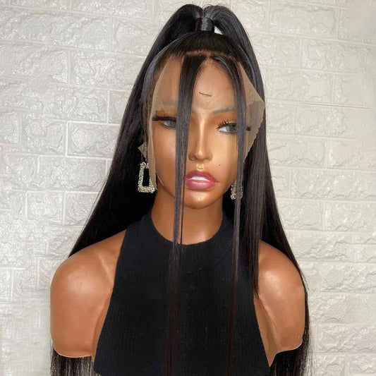 Natural Black Long Straight Lace Front Wig - Matte Silk Synthetic - Shello's Creative Boutique