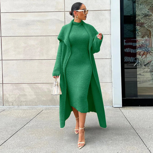 Women's autumn and winter new fashionable loose cardigan jacket double-sided velvet dress set for women - Shello's Creative Boutique