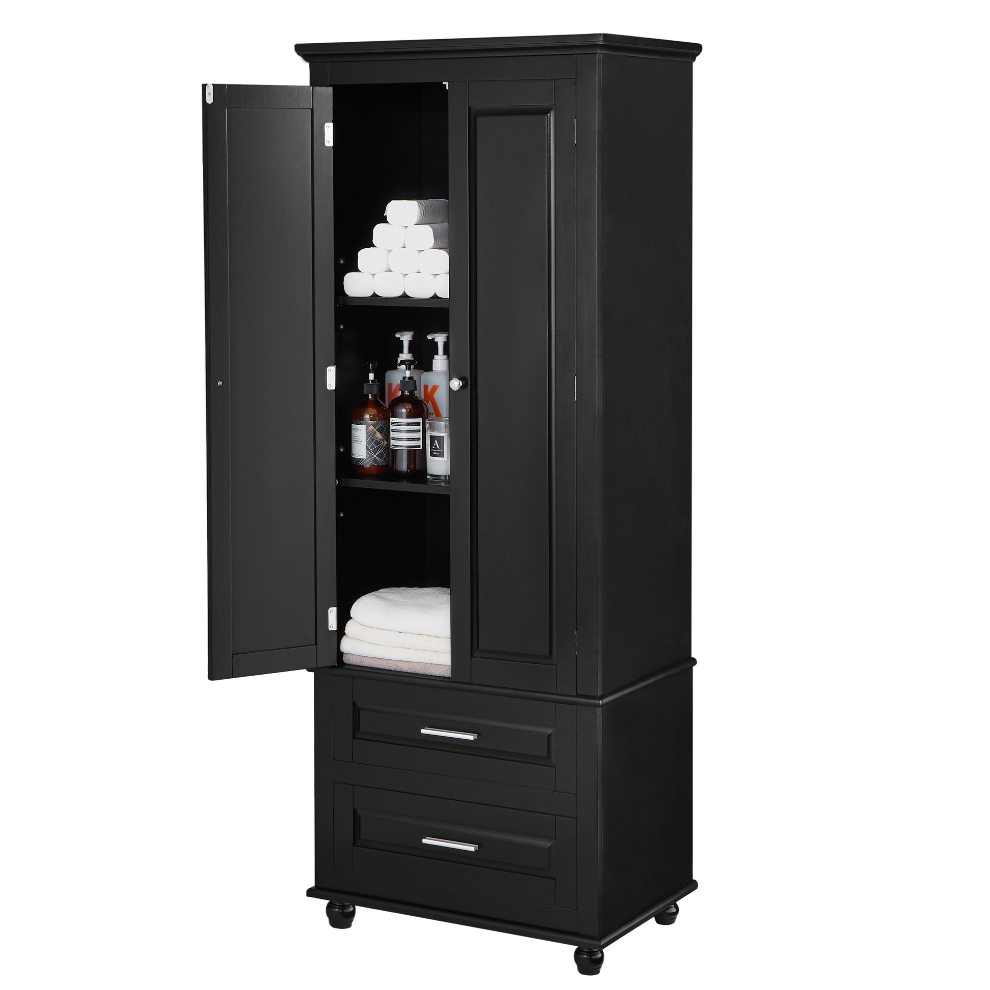 Tall Storage Cabinet with Two Drawers for Bathroom/Office, Black eprolo