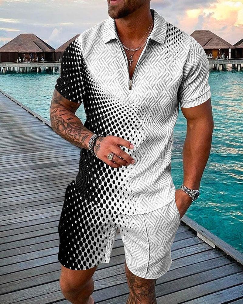 New Men's Fashion Casual Suit 3D Print Zip Short Sleeve Polo Shirt Shorts 2 Piece Set - Shello's Creative Boutique