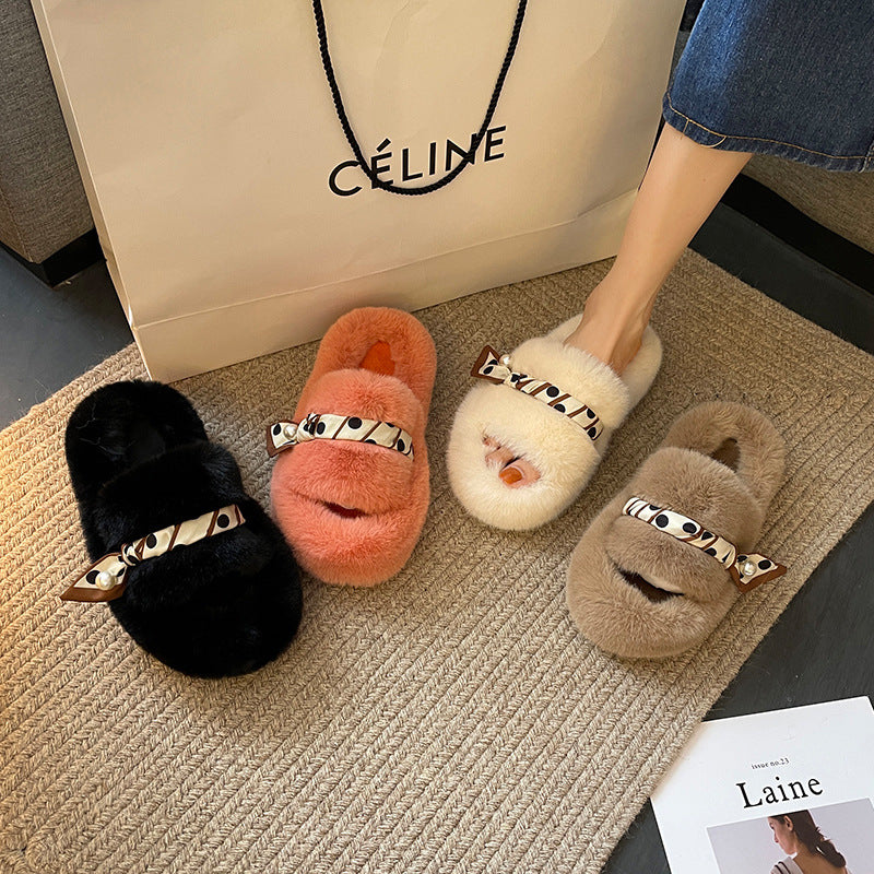 Net Red Plush Slippers Women Wear Autumn And Winter Korean Style Fashion One Word With Flat Bottom Large Size Slippers eprolo