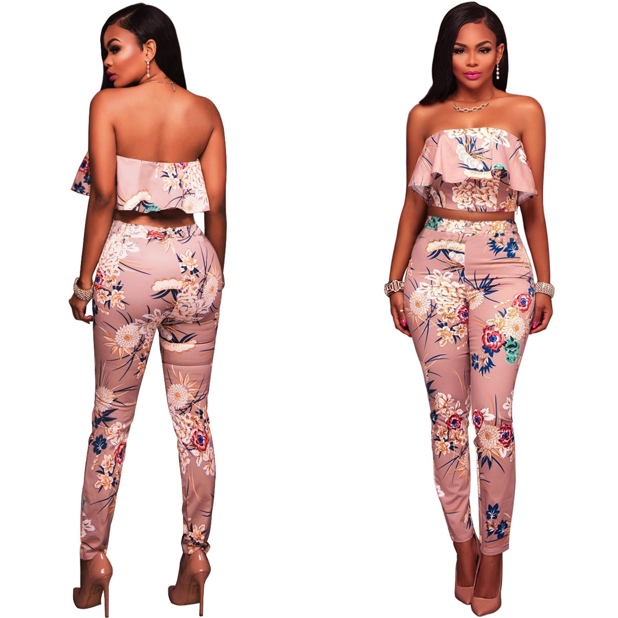 Summer Women Clothes Plus size Flower two piece set Print off shoulder crop top Ruffles cropped Tops Pants Pattern suit eprolo
