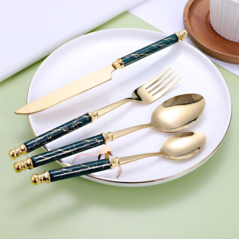 410 stainless steel knife, fork, spoon set, European style hotel Western tableware, golden dessert spoon set, 24 pieces eprolo