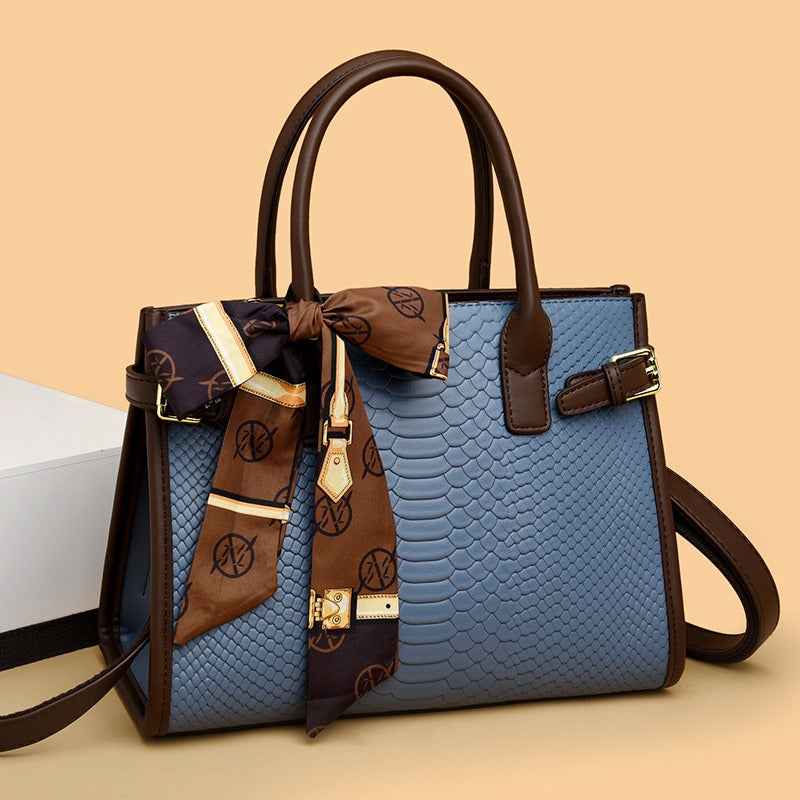 Genuine Leather Women's Briefcase - Commuting Style Bag in Embossed Snakeskin Pattern with Contrasting Color