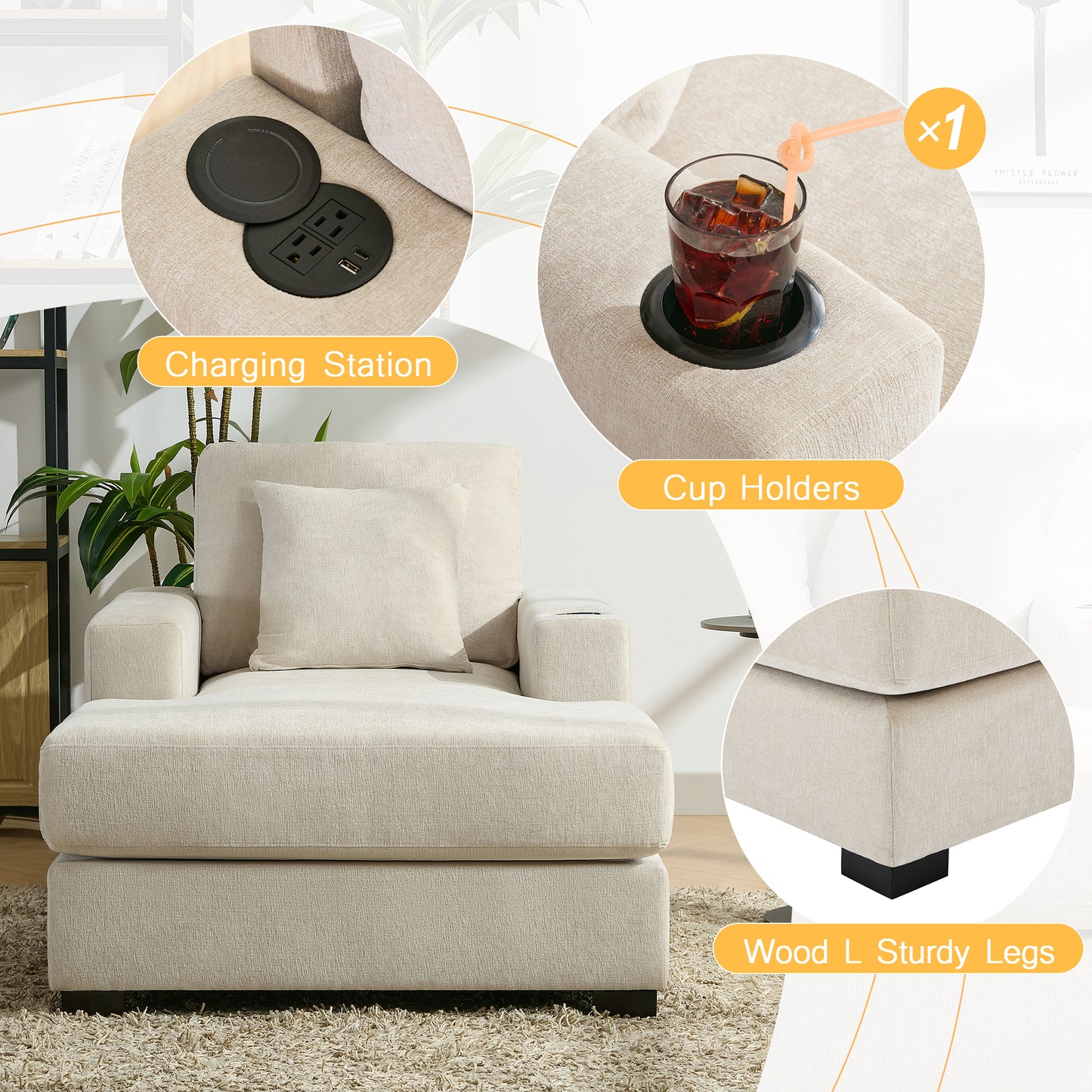 39.7" Oversized Chaise Lounger Modern Style Sofa Couch ,with Pillows, Charge Station & Cup Holders, Chenille Fabric, Cream Shello Creative Boutique