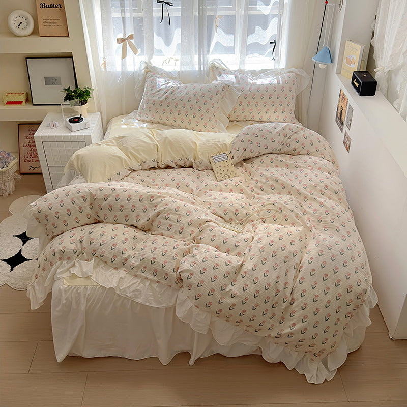 Skin friendly French romantic lace washed cotton printed bed bedding skirt four piece set of bed sheets bedsheet eprolo