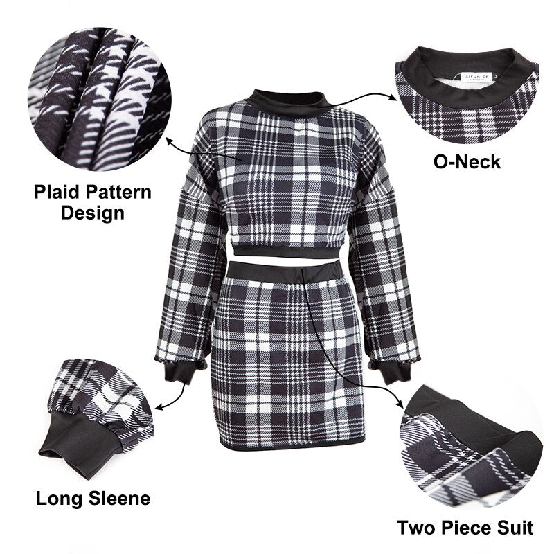 Women's Tracksuit Elegant Office Two Piece Set Plaid Sweater Outfit Long Sleeve Crop Top And Skirt Sets Sexy Fashion Dress Set eprolo