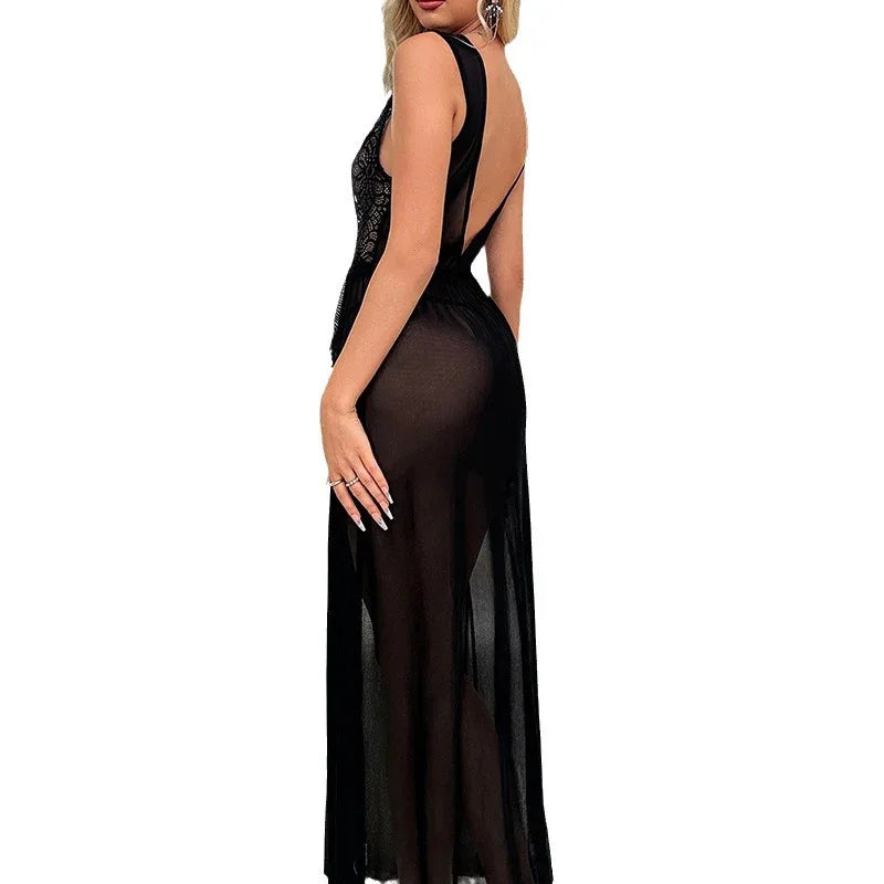 Sexy lingerie women's deep V-slit lace patchwork suspender long skirt set - Shello's Creative Boutique