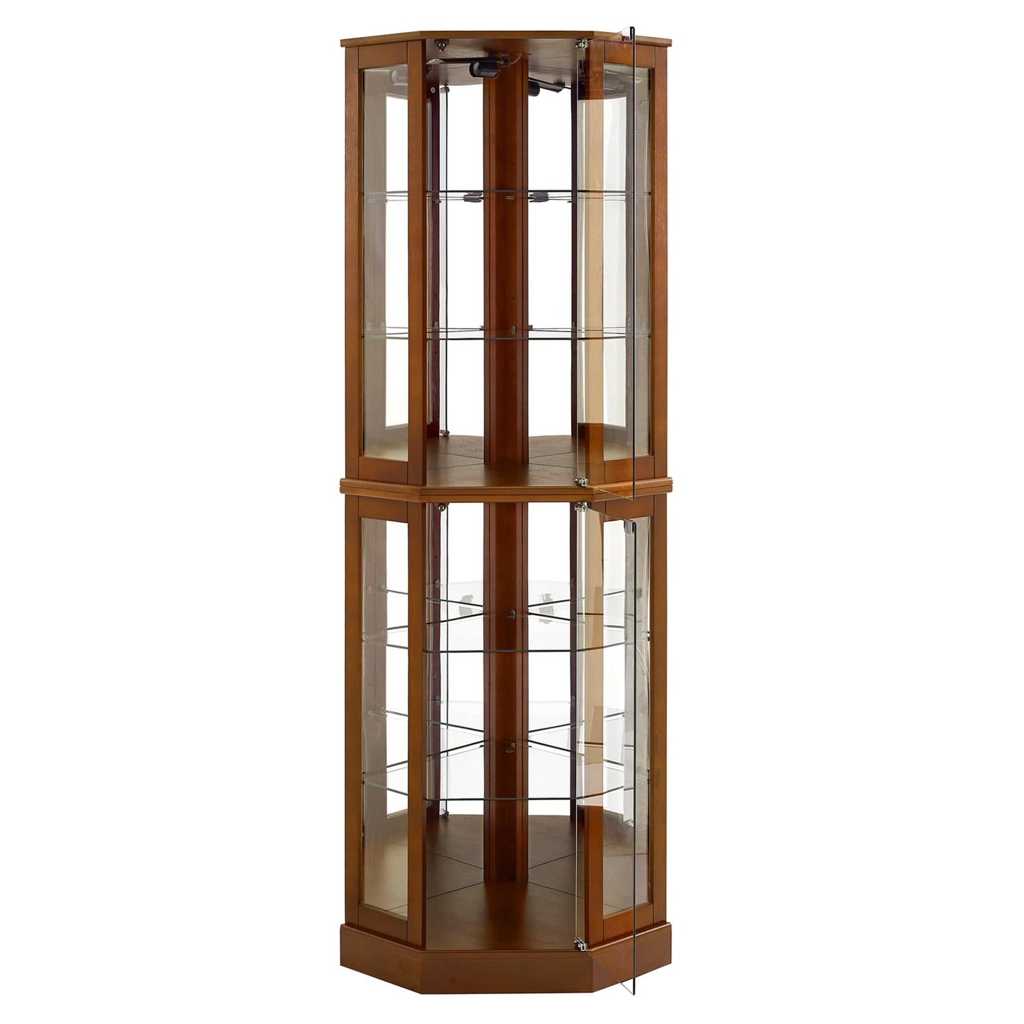6 shelves corner Curio display cabinet with light mirror and adjustable shelves, walnut wood (excluding E26 light bulbs) eprolo