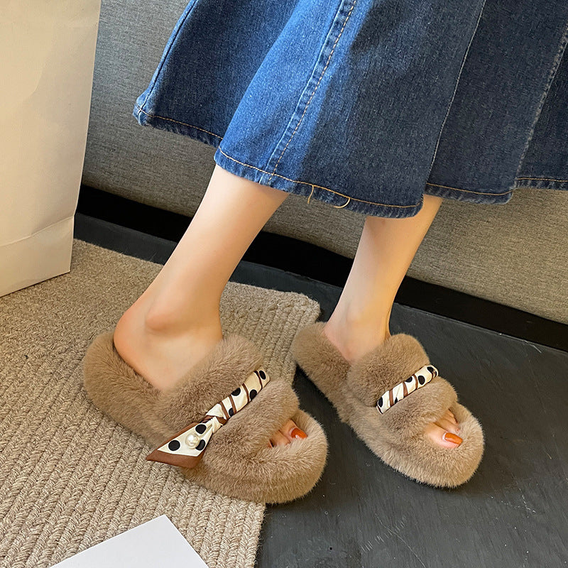 Net Red Plush Slippers Women Wear Autumn And Winter Korean Style Fashion One Word With Flat Bottom Large Size Slippers eprolo