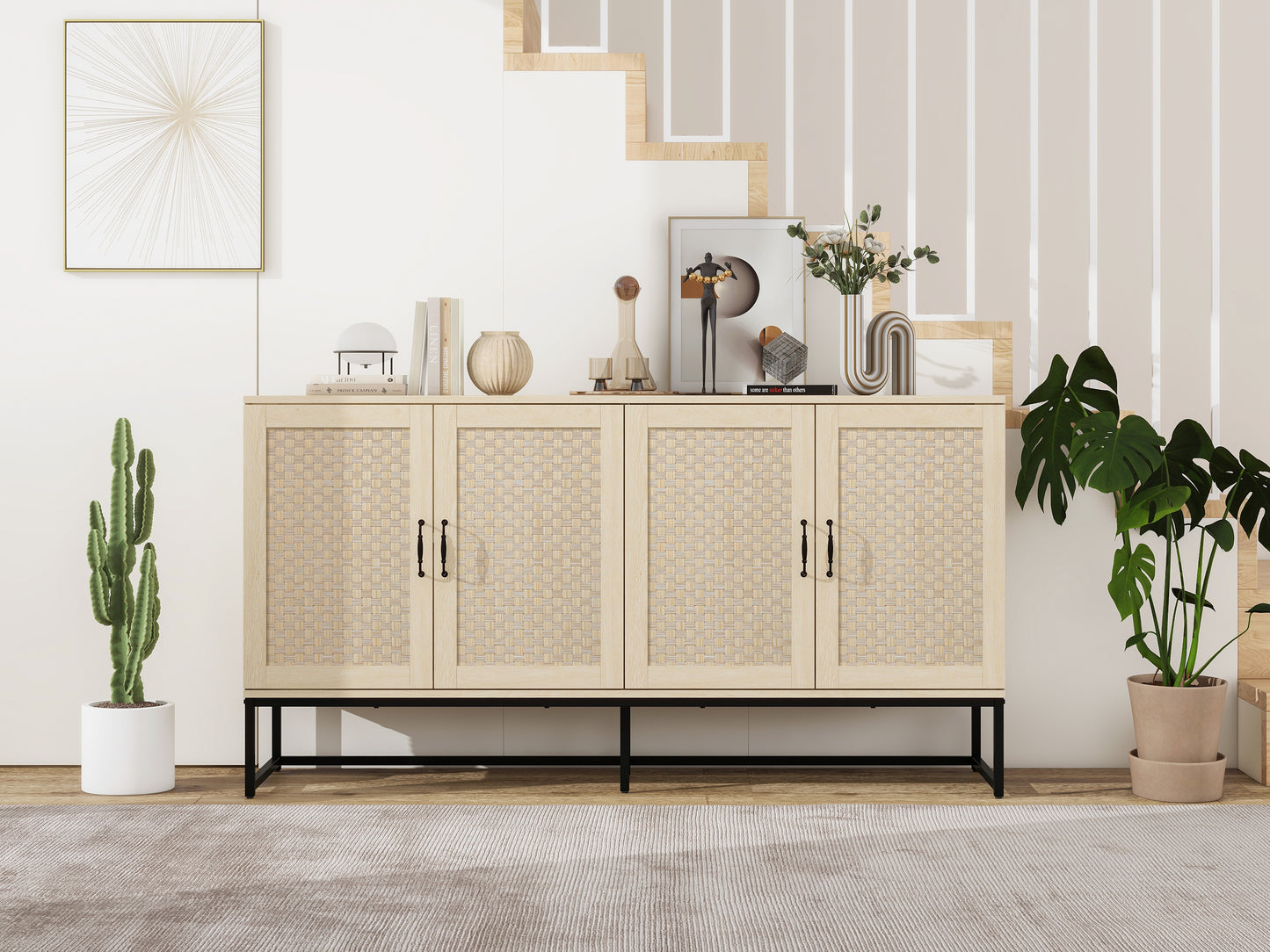 Luxury Rattan 4-Door Storage Cabinet - Large Sideboard Buffet with Elegant Design