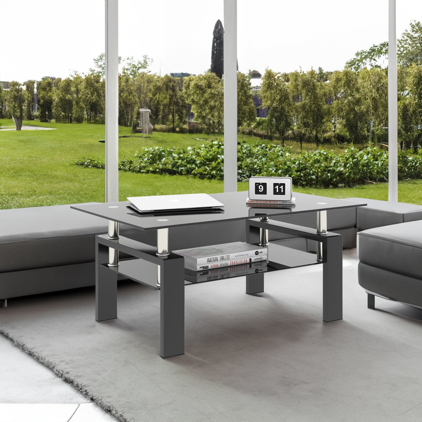 Set of 2, Modern Tempered Glass Tea Table Coffee Table End Table, Square Table for Living Room, Black eprolo
