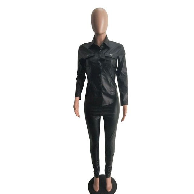 Sexy Two Piece Set Women Plus Size PU Leather Long Sleeve Top and Bodycon Pant Suit eprolo