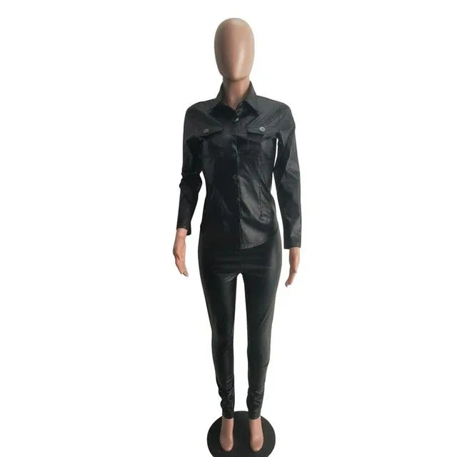 Sexy Two Piece Set Women Plus Size PU Leather Long Sleeve Top and Bodycon Pant Suit - Shello's Creative Boutique