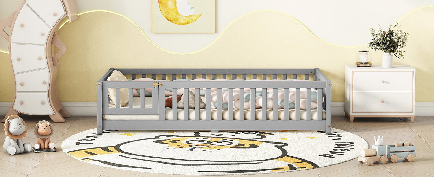 Twin Size Bed Floor Bed with Safety Guardrails and Door for Kids, Gray eprolo