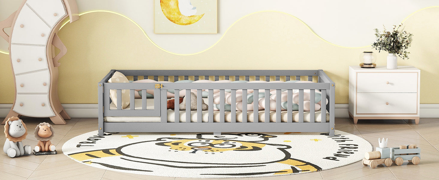 Twin Size Bed Floor Bed with Safety Guardrails and Door for Kids, Gray eprolo