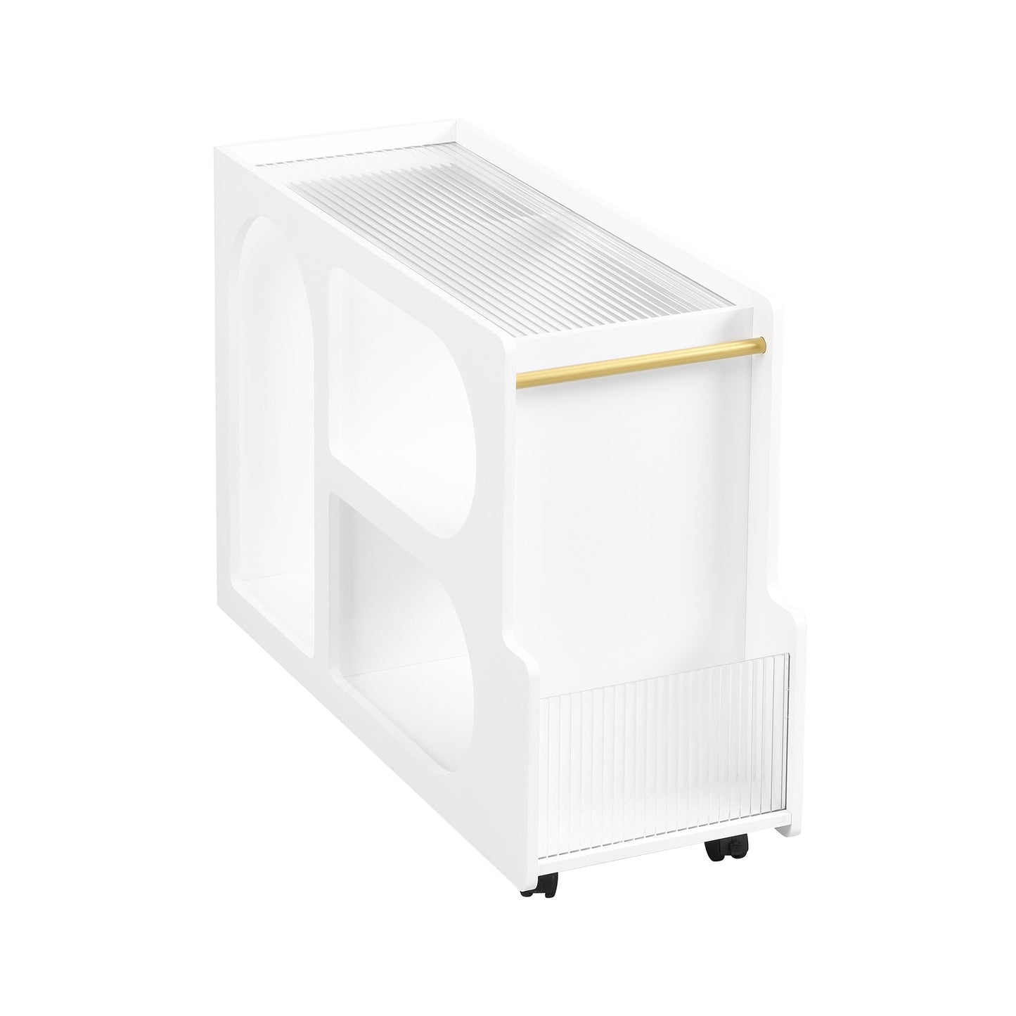 Stylish mobile desk with lockable wheels, white bedside table with 5mm thick grooved tempered glass and gold round bars eprolo