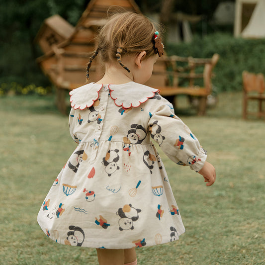 Autumn New Children's Clothing Girls Dress Long-Sleeved Korean Cartoon A-Line Skirt Lace Lapel Corduroy Skirt eprolo