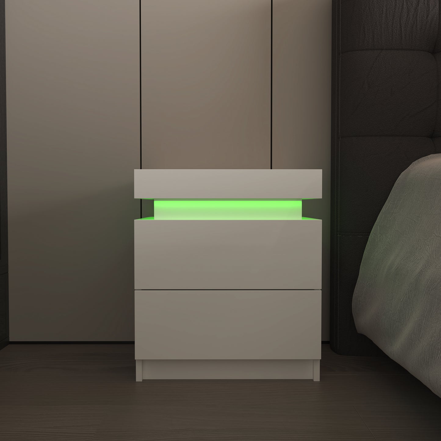 Modern white Nightstand With 2 Storage Drawers,Led Lights, End Table For Bedroom Furniture eprolo