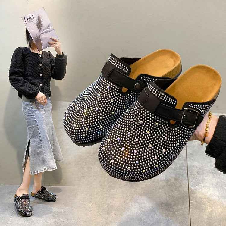 Flat-soled Rhinestone Cork Birkenstock Thick-soled Shoes