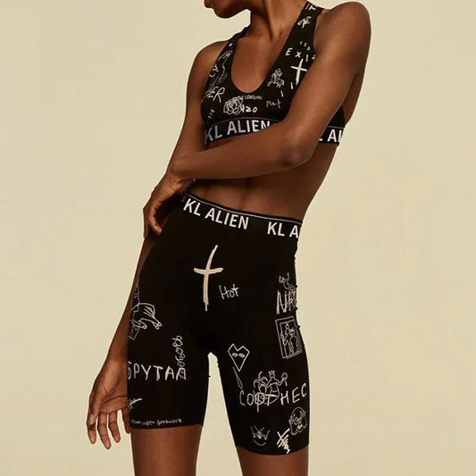 Yoga Fitness Two-piece Sleeveless Print Sexy Low-Cut Navel Vest Yoga Set - Shello's Creative Boutique