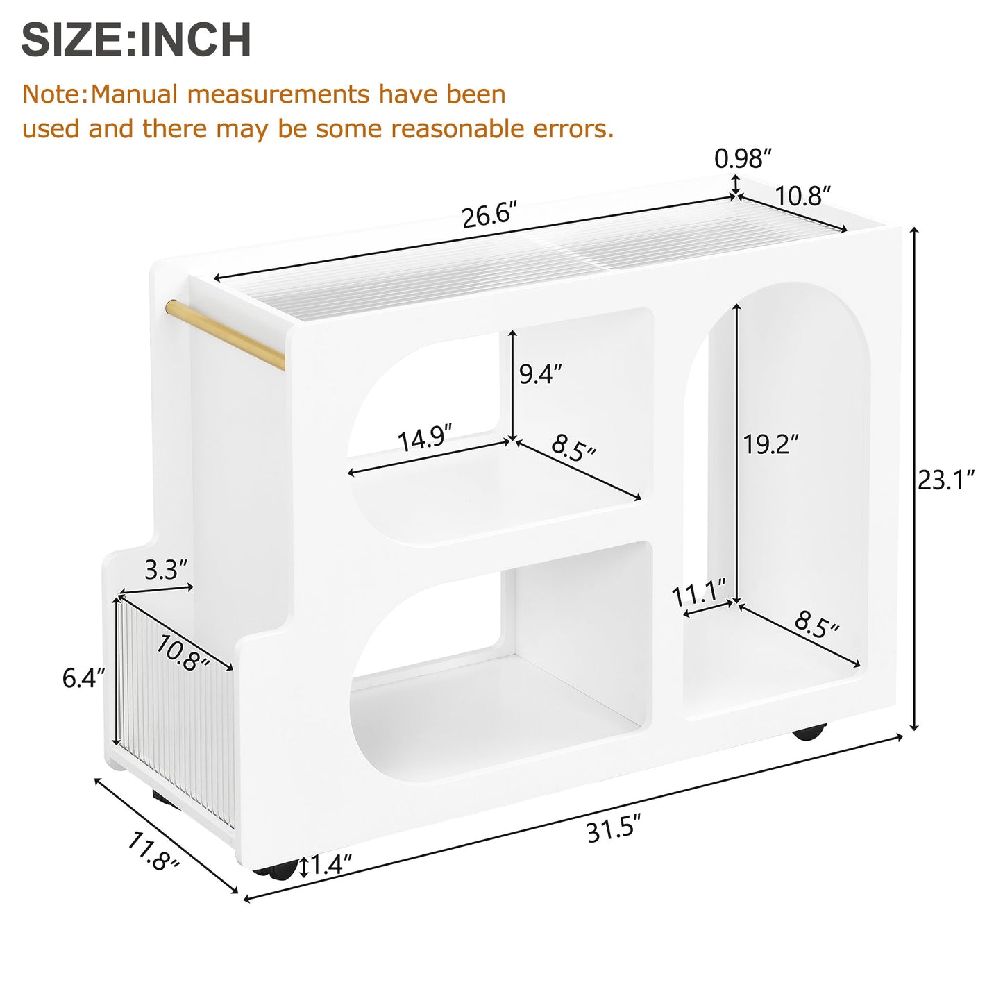Stylish mobile desk with lockable wheels, white bedside table with 5mm thick grooved tempered glass and gold round bars eprolo