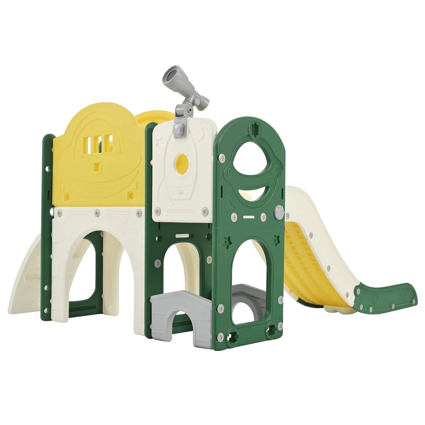 Kids Slide Playset Structure 7 in 1, Freestanding Spaceship Set with Slide, Arch Tunnel Yellow + HDPE - Shello's Creative Boutique