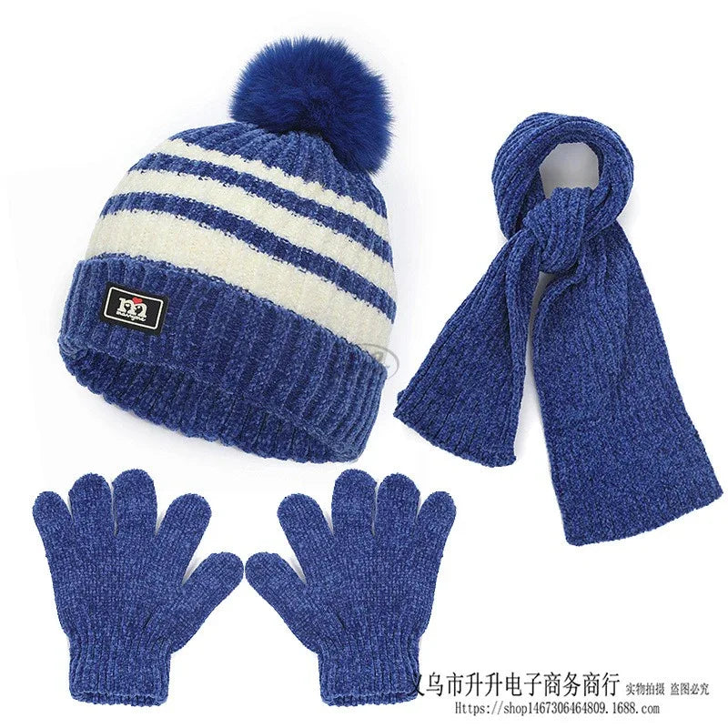 Children's hat, scarf, glove, three piece set, autumn and winter chenille plush insulation and thick knitted hat set - Shello's Creative Boutique