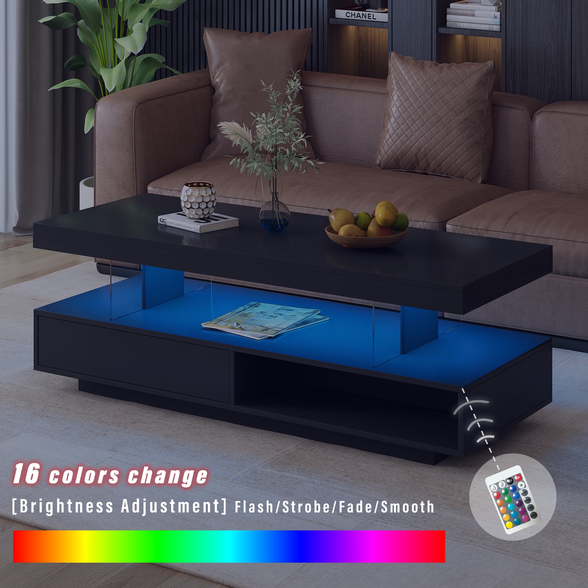 U-Can LED coffee table with storage space, modern central table with 2 drawers and display rack, equipped with LED lights, black eprolo