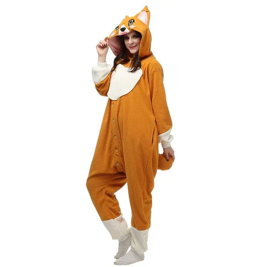 Adult Women Men Welsh Corgi Onesie Winter Warm Cute Dog Pajamas Cartoon Animal Halloween Cosplay Costumes Unisex Top - Shello's Creative Boutique