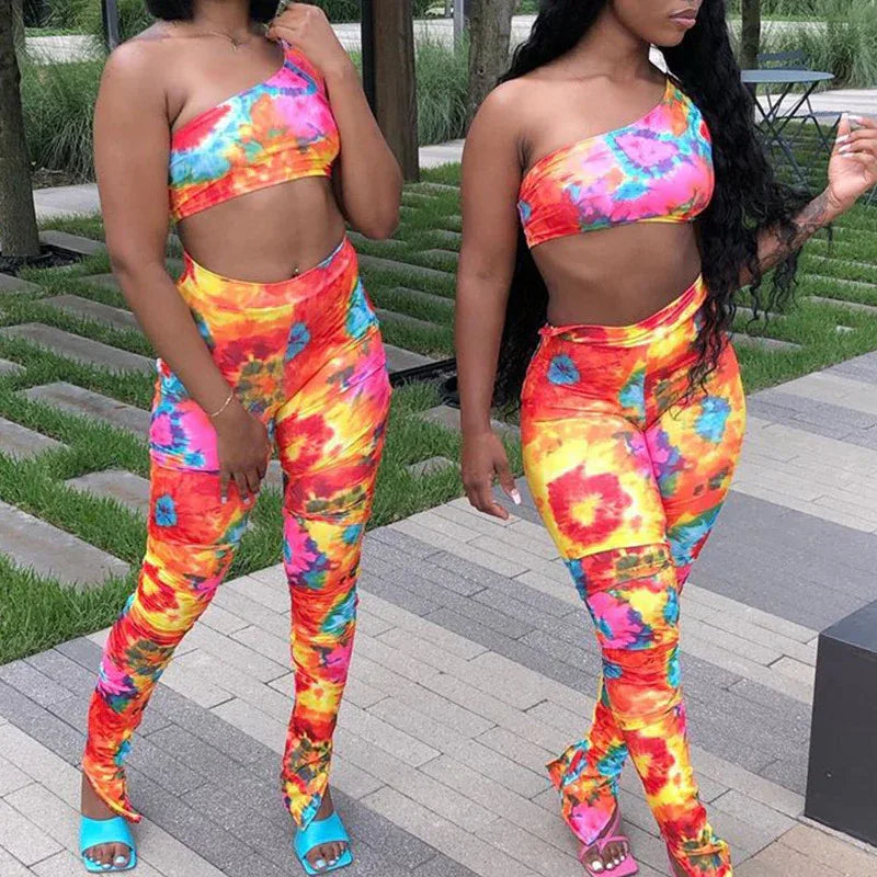 Sexy Ladies Fashion Print One Shoulder Sleeveless Vest Tights Set Two Piece Set - Shello's Creative Boutique