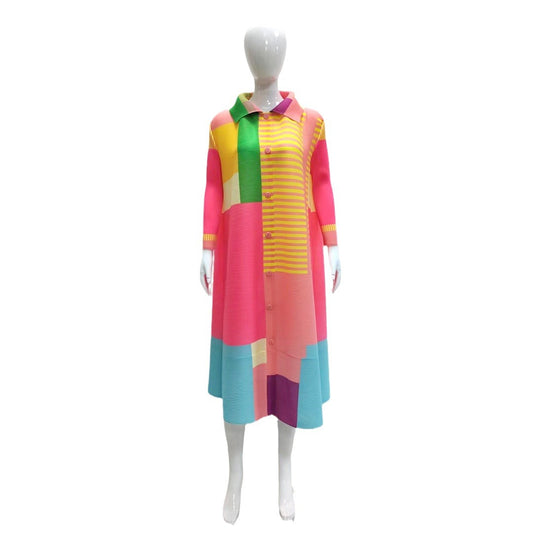 Miyake style spring pleated color blocked printed long sleeved cardigan fashionable casual plus size dress for women eprolo