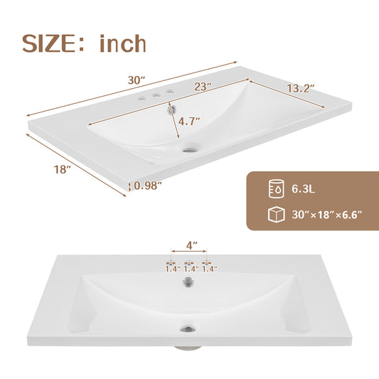 30" Single Bathroom Vanity Top with White Basin, 3-Faucet Holes, Ceramic, White eprolo