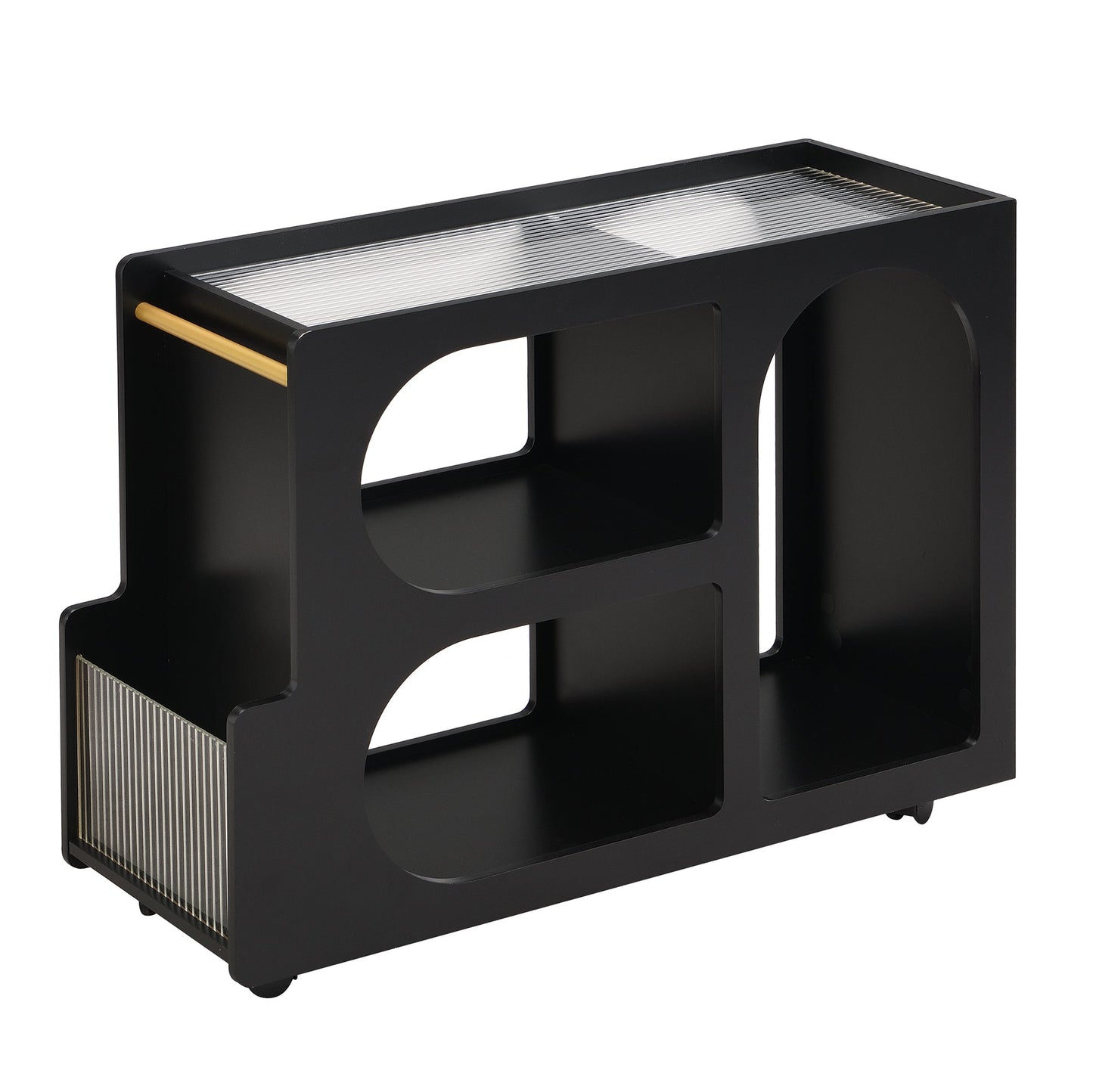 Stylish mobile desk with lockable wheels,bedside table with 5mm thick grooved tempered glass and gold round bars ,black eprolo