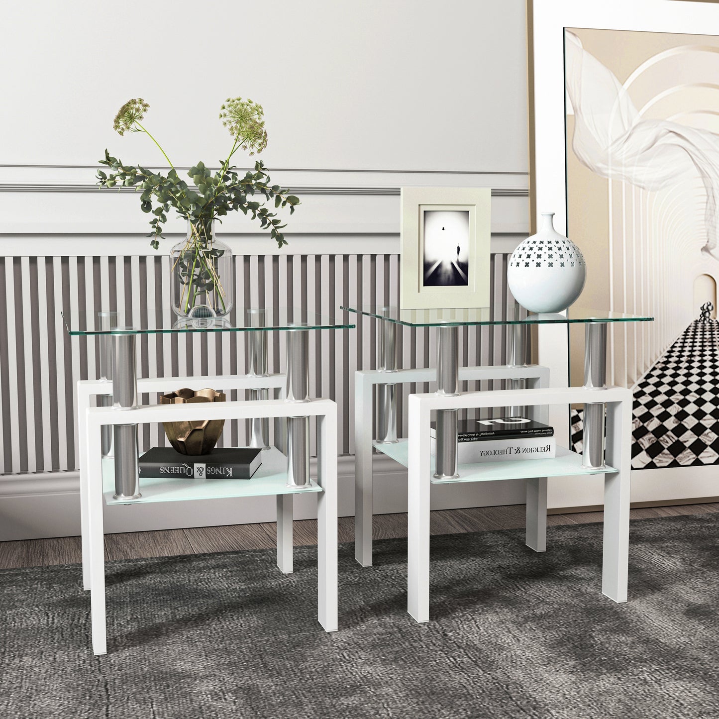 Set of 2, Modern Tempered Glass Tea Table Coffee Table End Table, Square Table for Living Room, Transparent/White eprolo