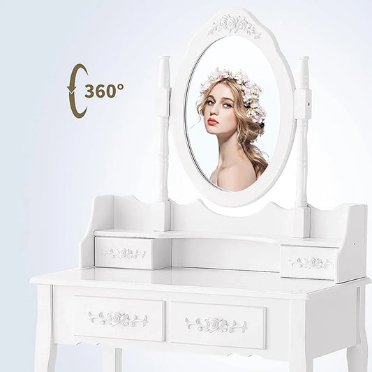 Vanity Table Set with 4 Drawer, Makeup Dressing Table w/Cushioned Stool, Girls Women Bedroom Furniture Set Oval Mirror - Shello's Creative Boutique