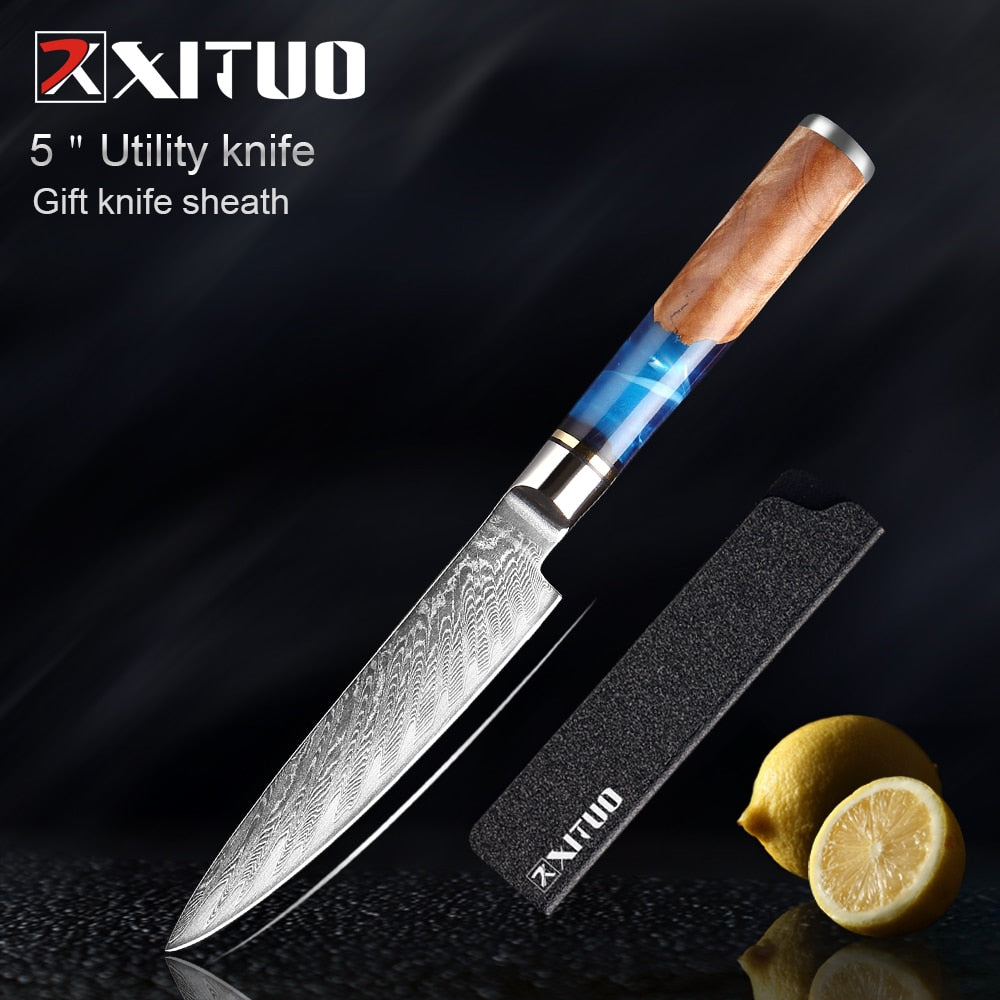 XITUO Kitchen Knives-Set Damascus Steel VG10 Chef Knife Cleaver Paring Bread Knife Blue Resin and Color Wood Handle Cooking Tool eprolo