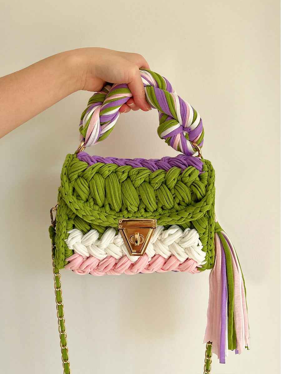 Women Crochet Shoulder Bag - Hand Woven Crochet Tassel Bag with Fried Dough Twists