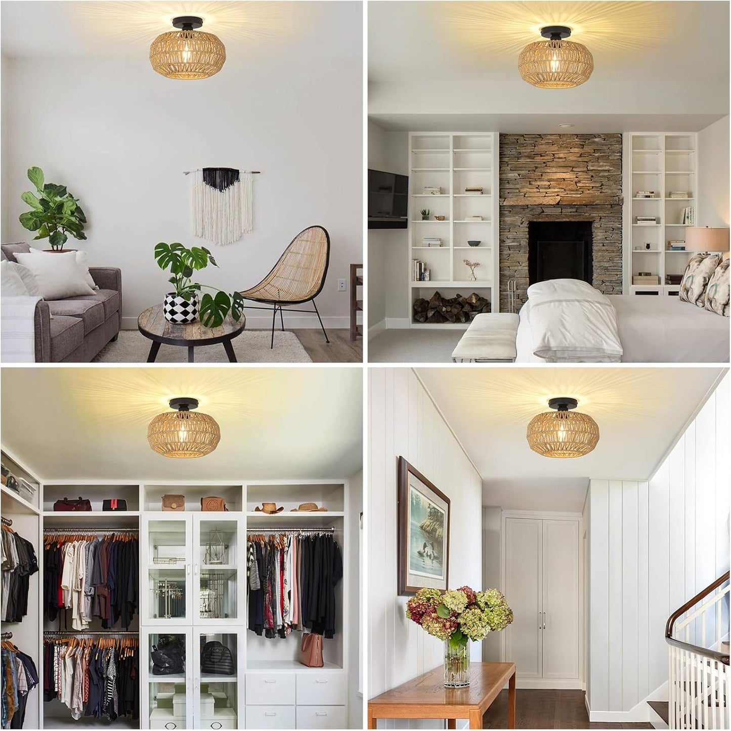 Rattan Light Fixtures Ceiling Mount,Boho Ceiling Light Fixture with Dimmable LED Bulb Mini Hand Woven Rattan eprolo