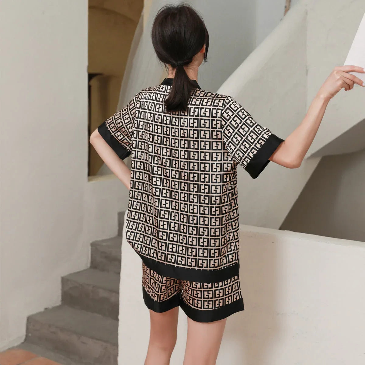 Eprolo QSROCIO Women's Luxury Silk-Like Pajama Set – Cross Letters Print - Shello's Creative Boutique