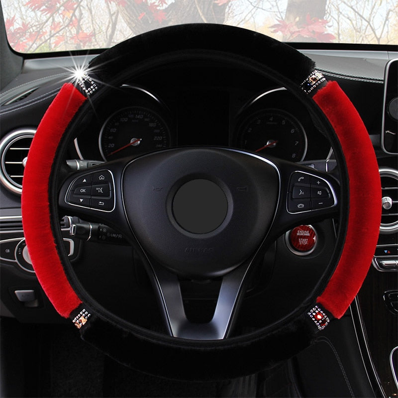 Glamorous Rhinestone Steering Wheel Cover - Soft Plush 37-38cm Universal Fit