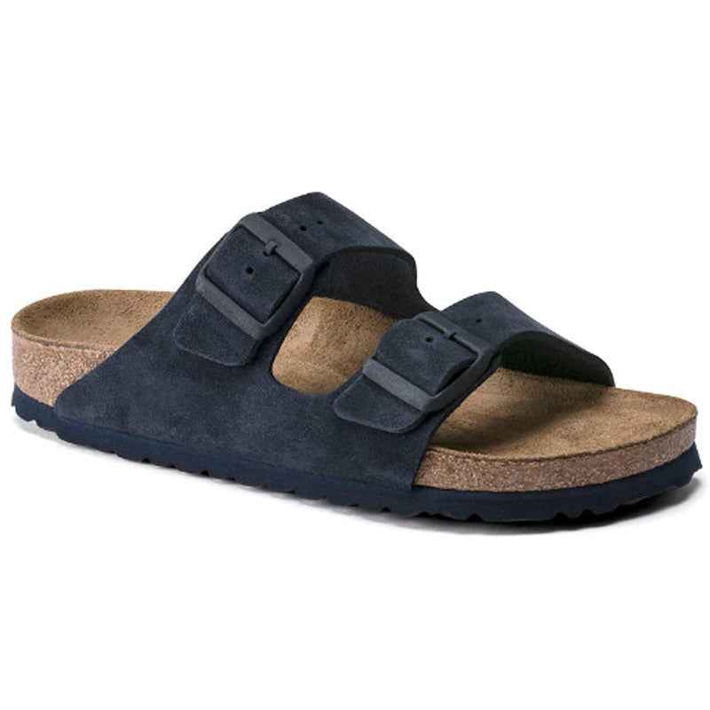 Unisex Wooden Sole Slippers with Frosted Leather Double Breasted Buttons